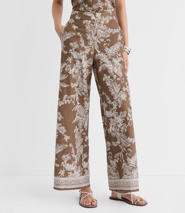 Petite Floral Pull On Wide Leg Pants in Linen Cotton