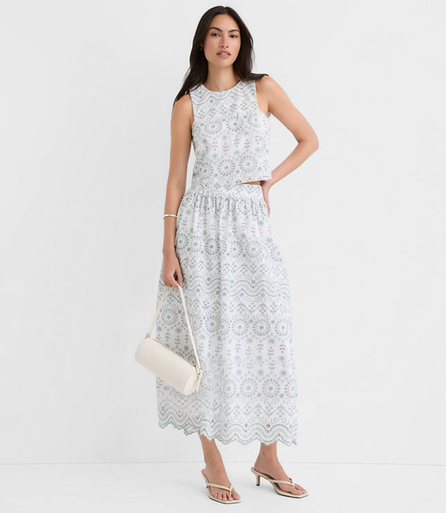Petite Scalloped Eyelet Poplin Midi Skirt
