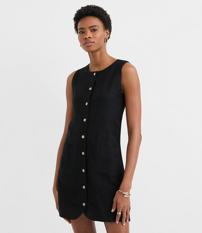 Petite Linen Blend Button Mini Pocket Dress