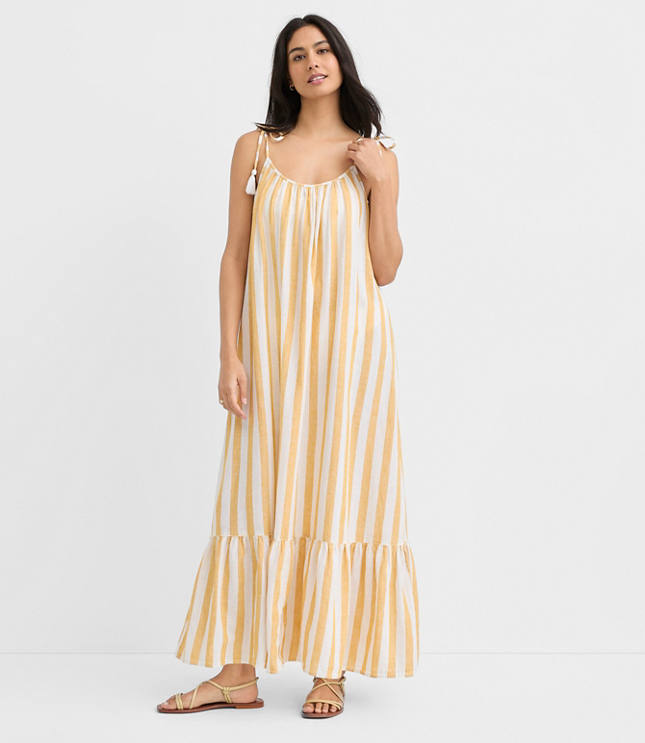 Petite LOFT Beach Striped Tie Strap Linen Cotton Maxi Dress