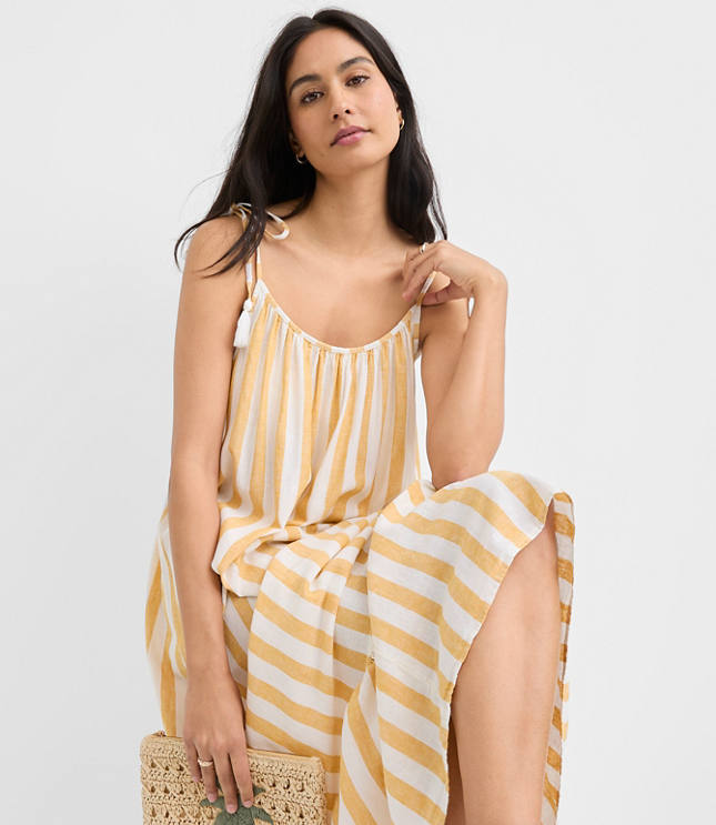 Petite LOFT Beach Striped Tie Strap Linen Cotton Maxi Dress