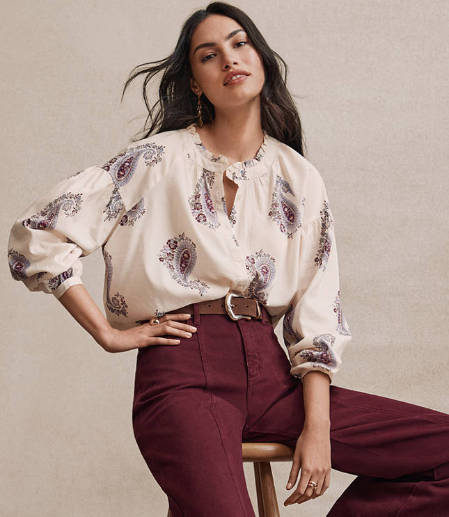 Paisley Draped Sleeve Henley Blouse