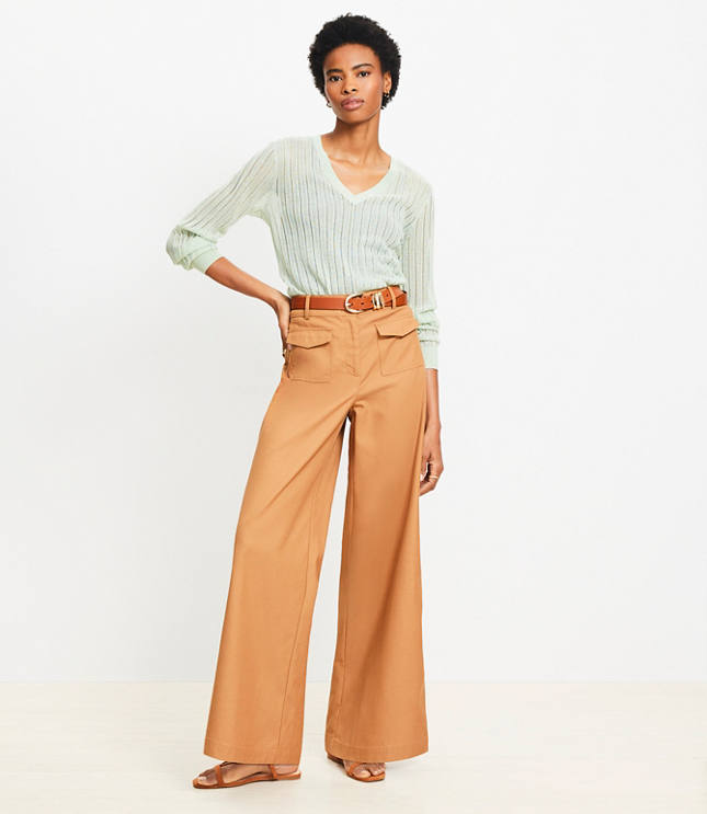 【2plan】Heiro mini pocket wide pants Women's High Rise Patch Pocket Wide Leg Chino Crop Pants