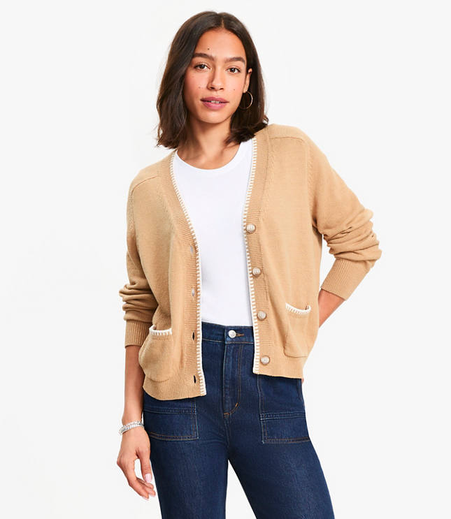 Tipped V-Neck Pocket Cardigan