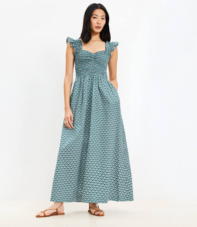Loft Petite LOFT Beach Mosaic Poplin Ruffle Strap Maxi Pocket Dress