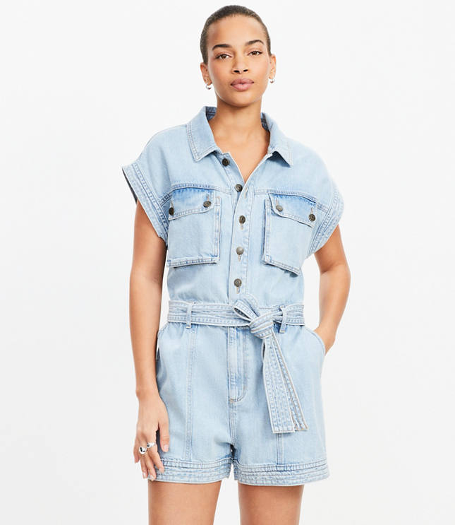 Petite Denim Utility Romper in Light Wash