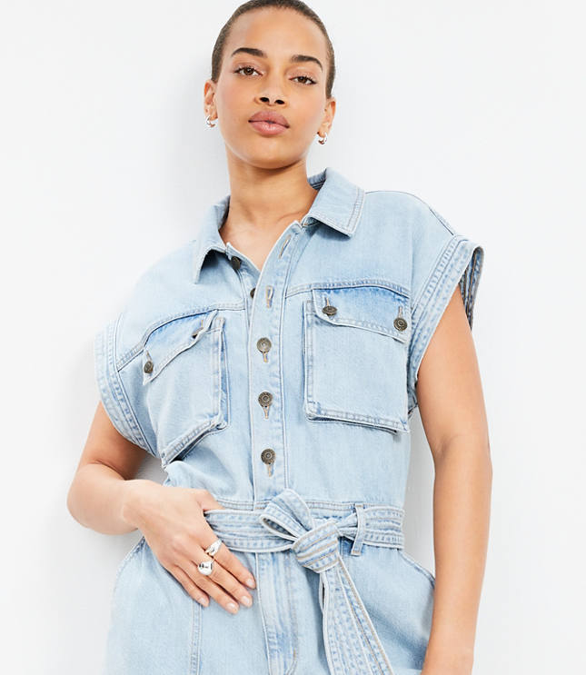 Petite Denim Utility Romper in Light Wash