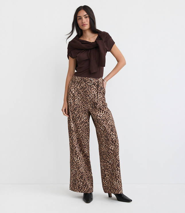Belted Fluid Pull On Wide Leg Pants in Leopard Print