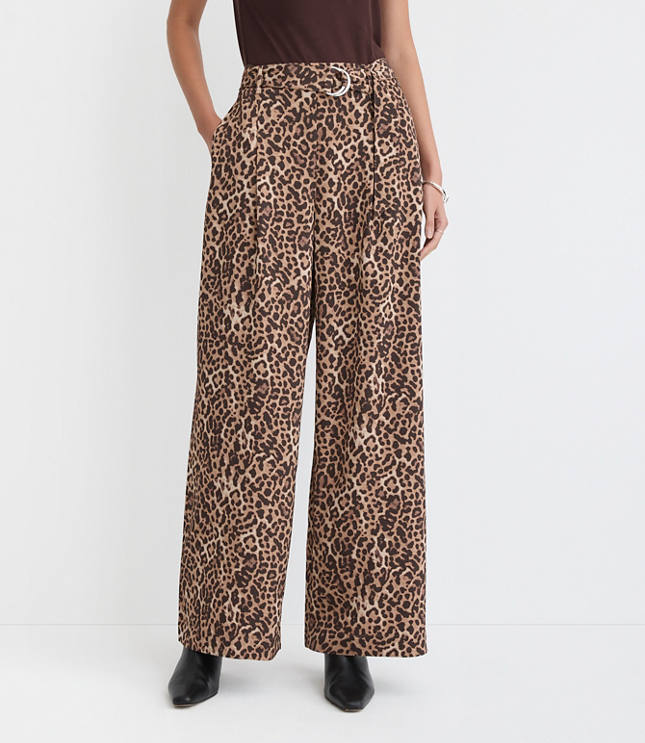 Belted Fluid Pull On Wide Leg Pants in Leopard Print