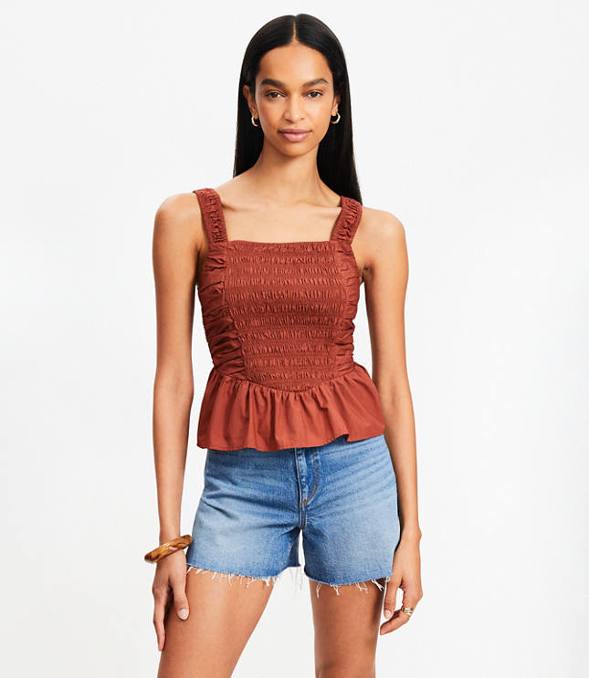 Poplin Smocked Peplum Tank Top