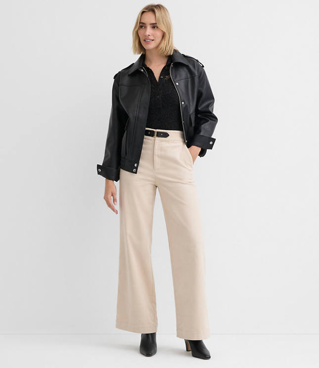 Faux Leather Buckle Wide Leg Corduroy Pants