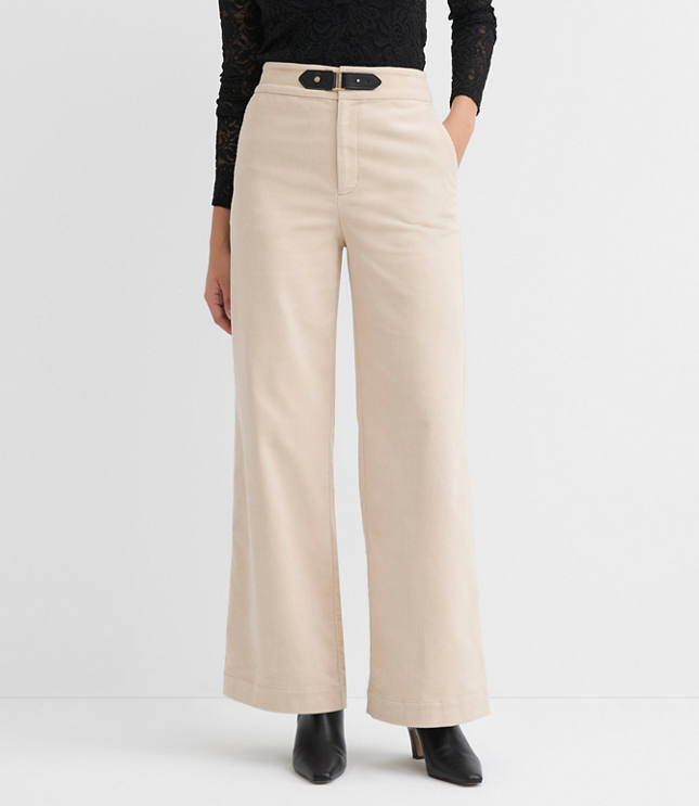 Faux Leather Buckle Wide Leg Corduroy Pants