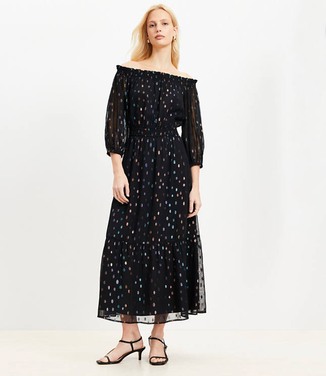 Shimmer Clip Balloon Sleeve Off The Shoulder Midi Dress