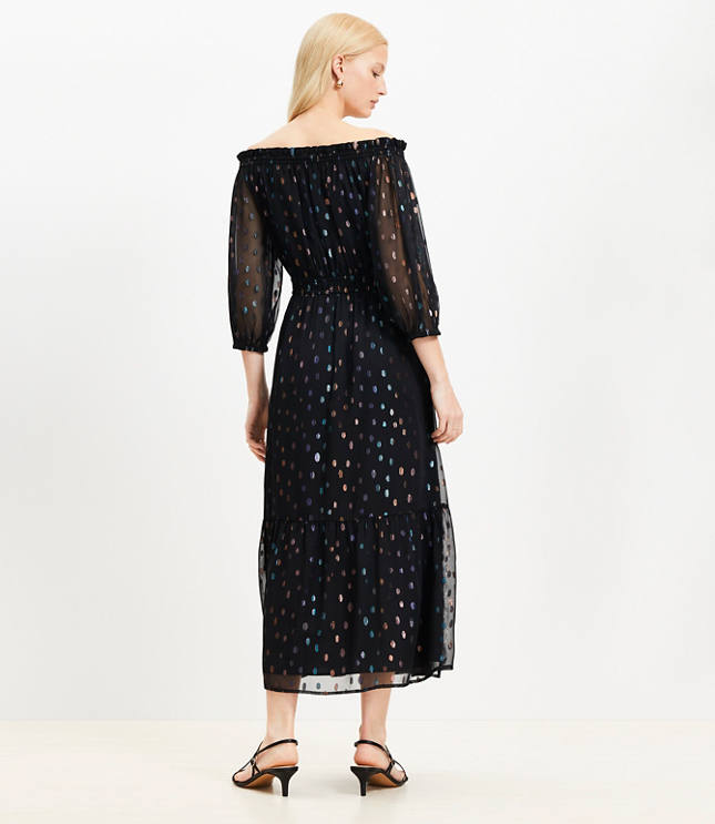 Shimmer Clip Balloon Sleeve Off The Shoulder Midi Dress