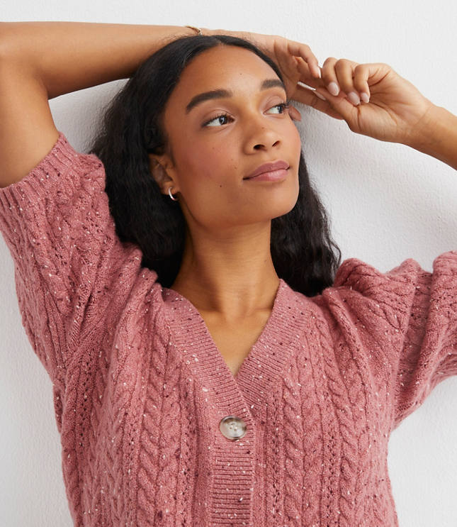 Flecked Stitchy Puff Sleeve Cardigan