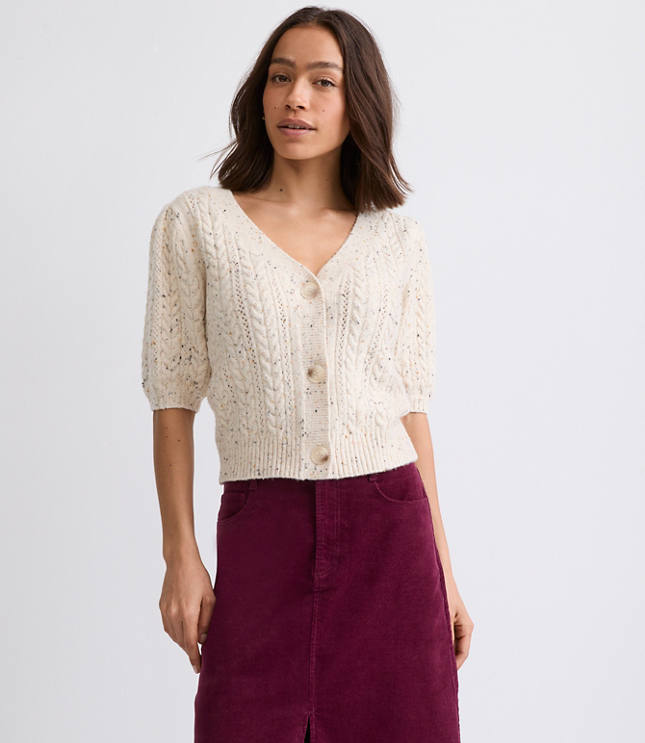 Flecked Stitchy Puff Sleeve Cardigan