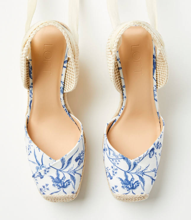 Bird Toile Lace Up Espadrille Wedges