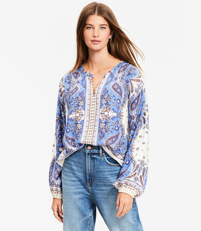 Bandana Print Split Neck Balloon Sleeve Blouse