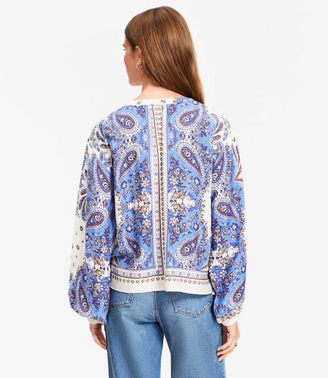 Bandana Print Split Neck Balloon Sleeve Blouse