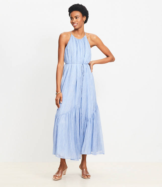 Petite Striped Flounce Maxi Halter Dress