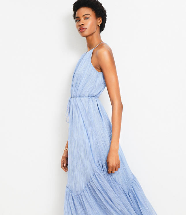 Petite Striped Flounce Maxi Halter Dress