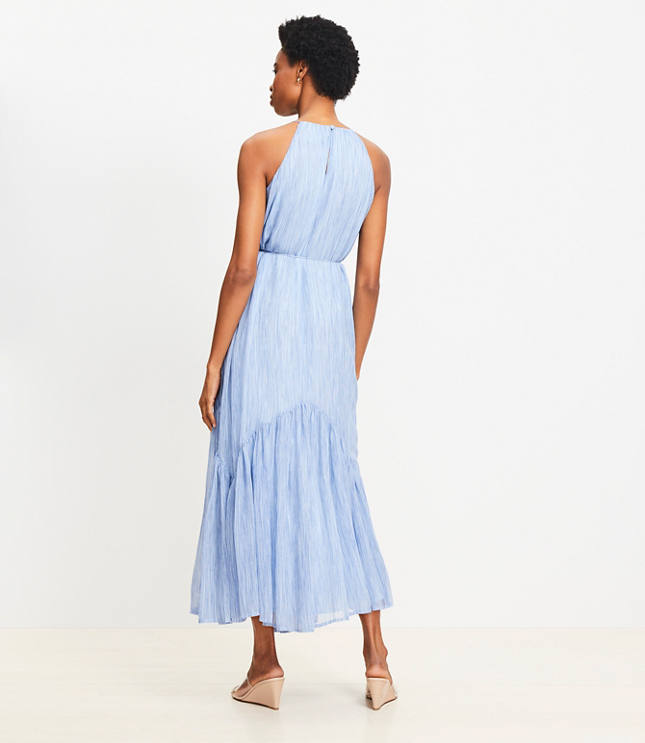 Petite Striped Flounce Maxi Halter Dress