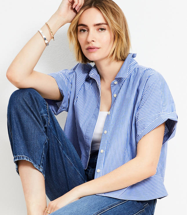 Petite Striped Poplin Modern Pocket Top