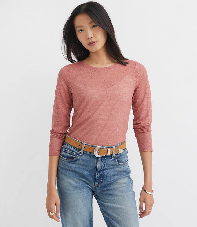 Floral Lace Long Sleeve Crew Neck Tee