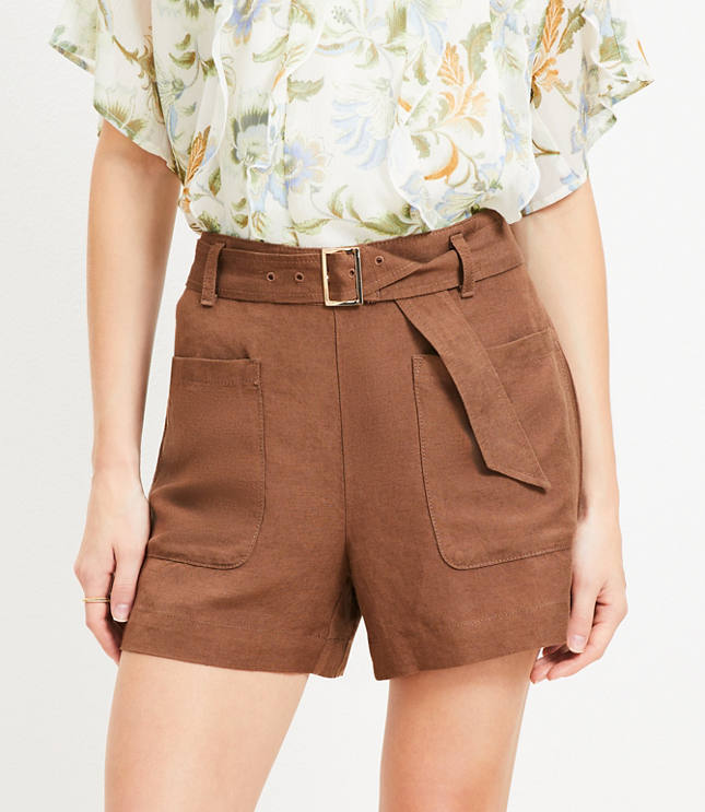 Belted Patch Pocket Shorts in Linen Blend