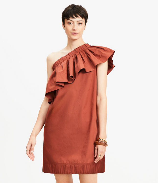 Petite Poplin Ruffle One Shoulder Mini Dress