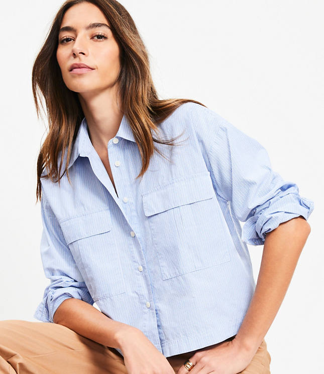 Petite Striped Poplin Wide Sleeve Modern Utility Shirt