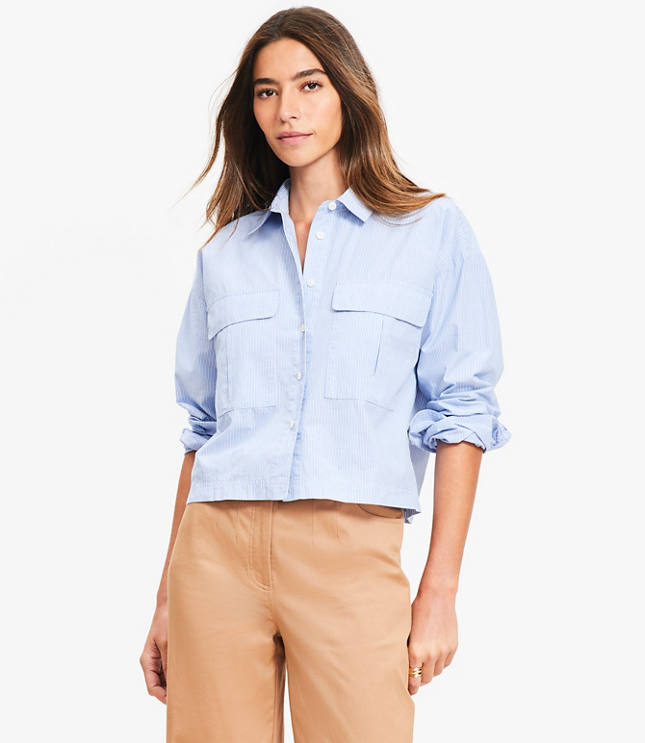 Petite Striped Poplin Wide Sleeve Modern Utility Shirt