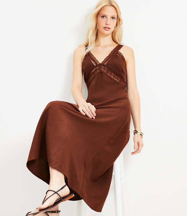 Petite Lace Trim Linen Blend Midi Dress