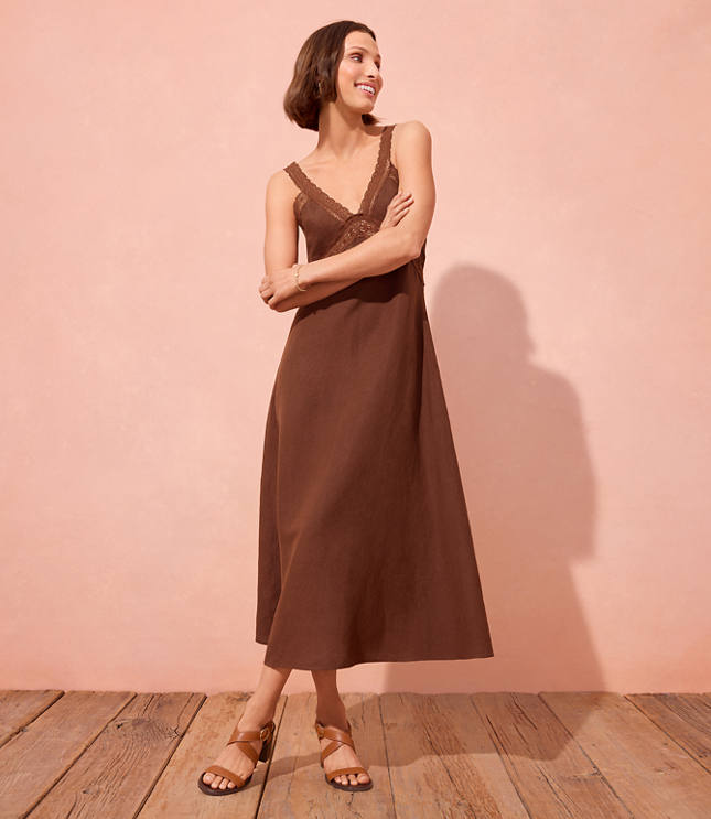 Petite Lace Trim Linen Blend Midi Dress