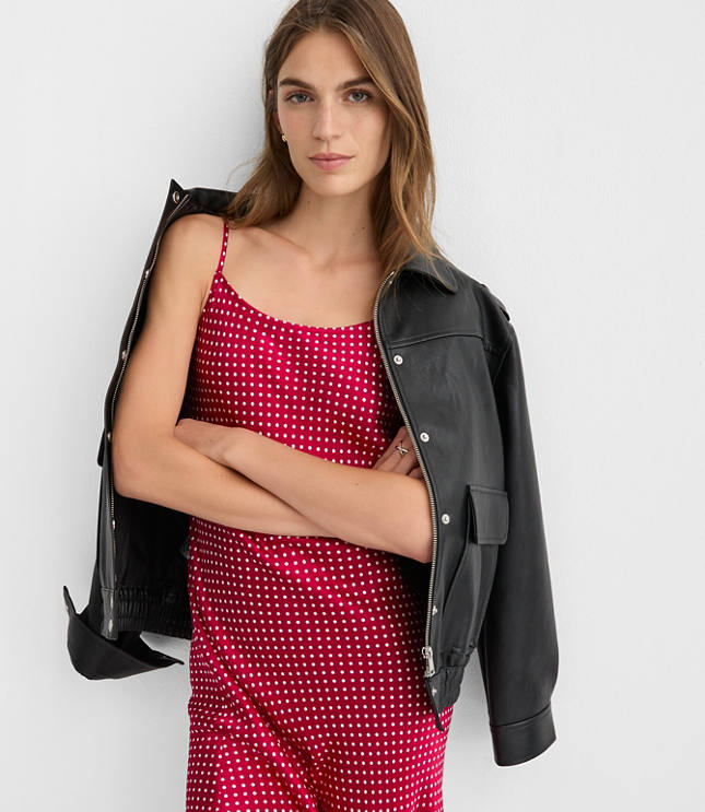 Dotted Satin Strappy Bias Midi Dress