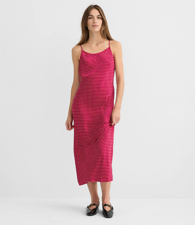 Dotted Satin Strappy Bias Midi Dress