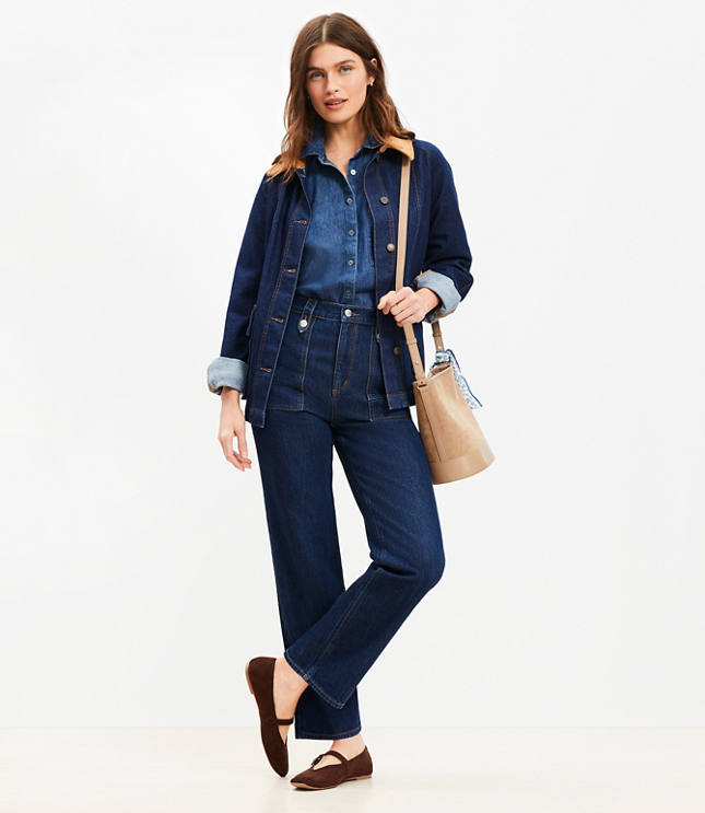 Petite High Rise Straight Utility Jeans Mid Indigo Wash