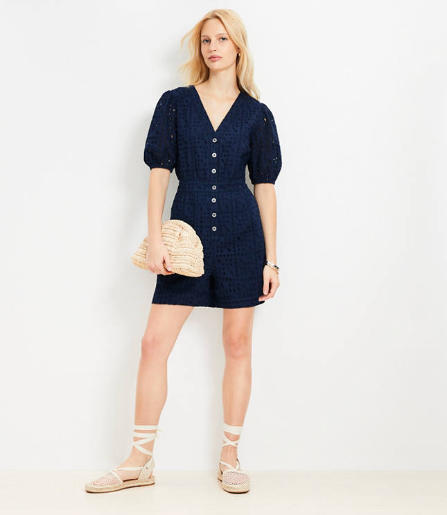 Loft Petite Eyelet Puff Sleeve Romper