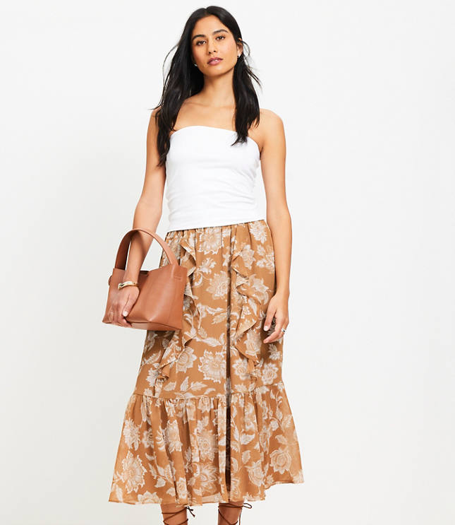 Loft Floral Ruffle Midi Skirt