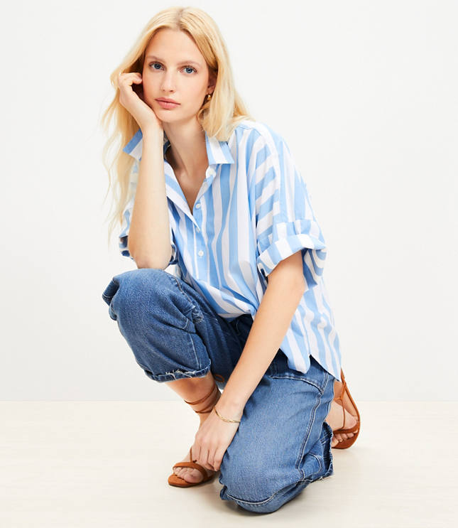 Petite Striped Henley Dolman Everyday Tunic Shirt