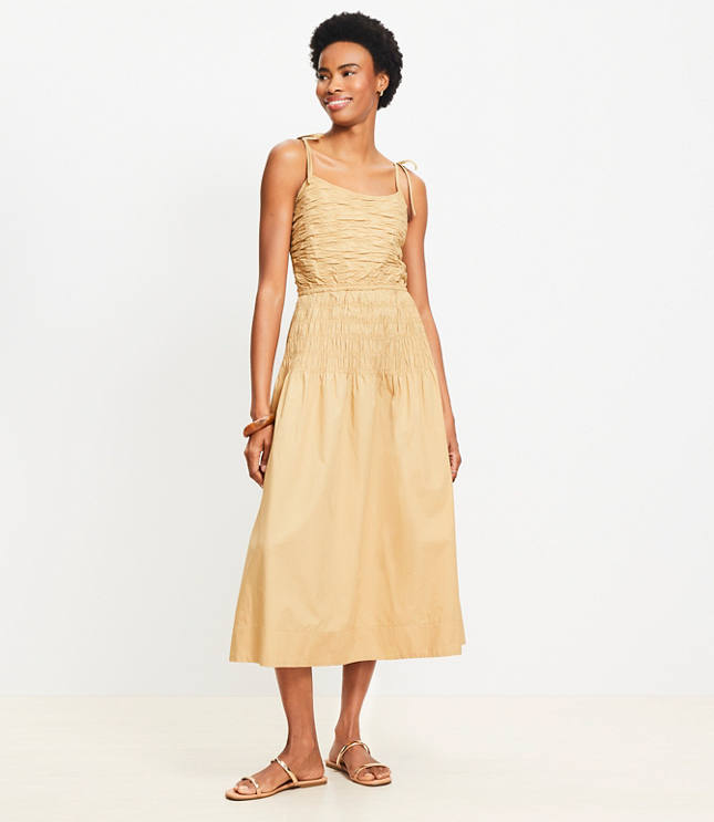 Petite Tie Strap Smocked Poplin Midi Dress