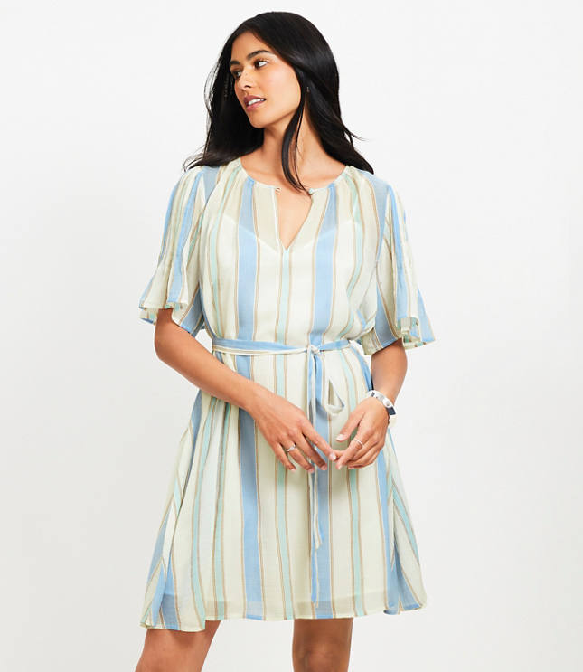 Loft Petite Striped Pintucked Sleeve Mini Dress