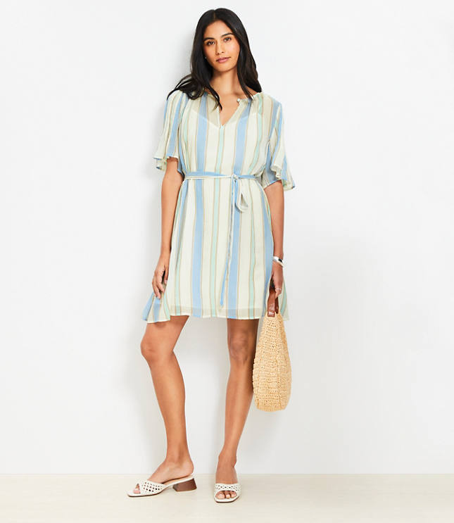 Petite Striped Pintucked Sleeve Mini Dress