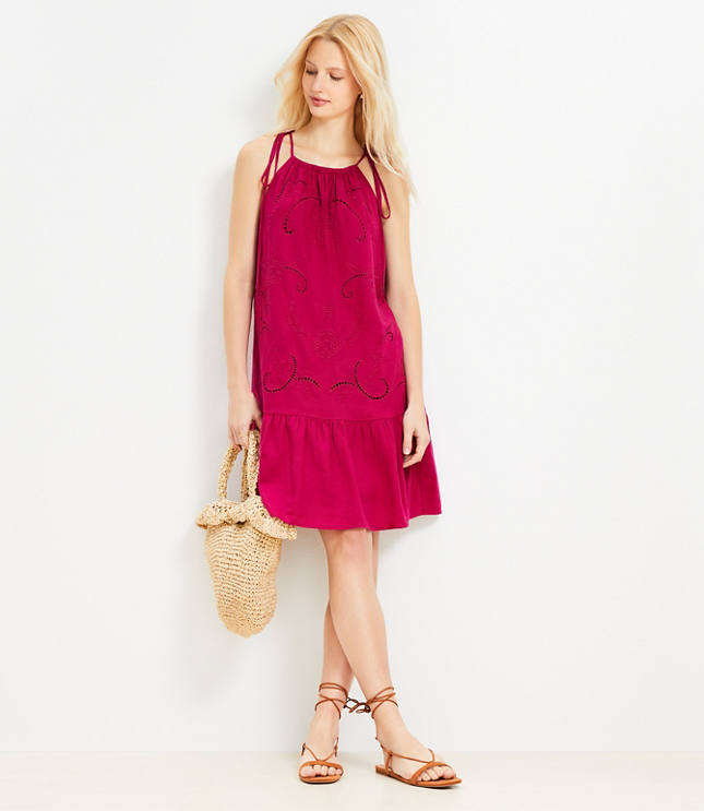 Petite Eyelet Linen Blend Mini Halter Dress