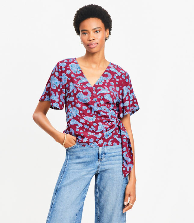 Petite Tiled Flutter Sleeve Wrap Blouse