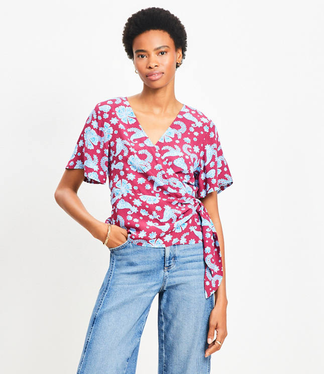 Petite Tiled Flutter Sleeve Wrap Blouse