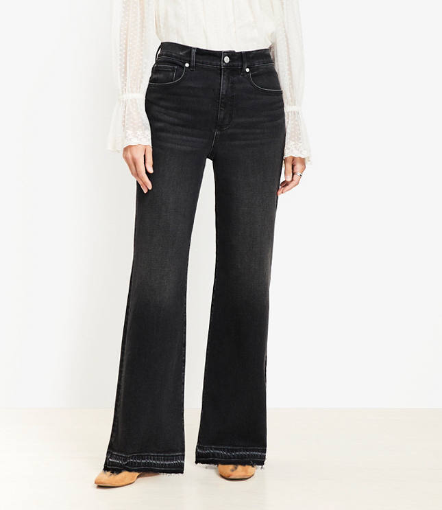 Unpicked Hem High Rise Wide Leg Jeans in Washed Black