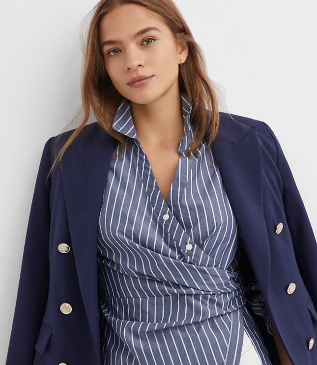 Petite Stripe Side Shirred Poplin Shirt