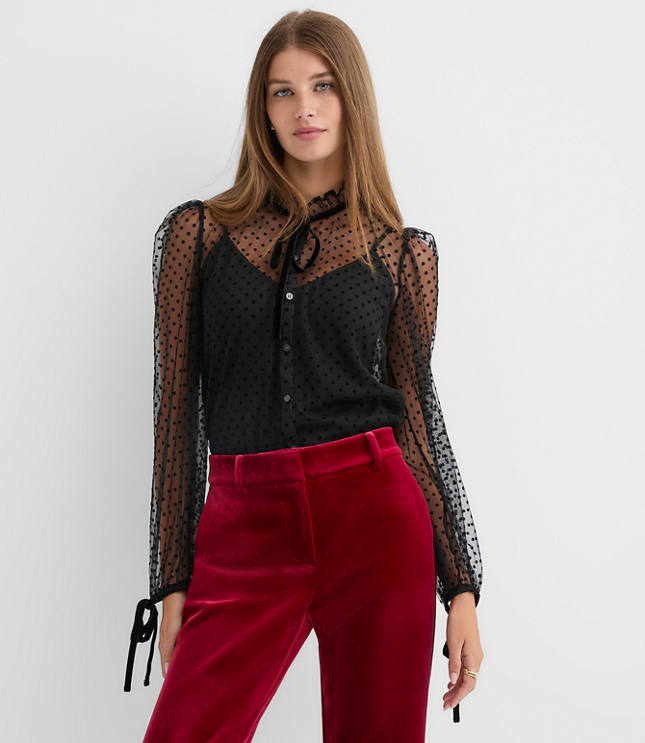 Velvet Dot Tulle Bow Blouse
