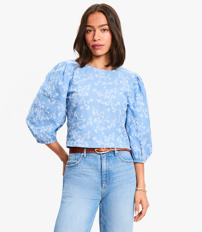 Petite Floral Embroidered Elbow Sleeve Blouse